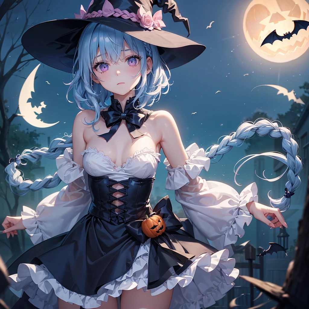 (Light blue medium hair:1.2),(Braided hair:1.2)、Pink eyes、Fair skin、cowboy shot、Halloween、The background is a pumpkin ghost、Crescent Moon、Trick or Treat、A lot of sweets、witch、Halloween night、Candy、many bat、Condescending expression、solo、(masterpiece、Highest quality、Very detailed、Best Shadow)、(Detailed Background)、(Beautifully detailed face)、High contrast、(Best lighting、Very delicate and beautiful)、(Cinematic Light)、colorful、Hyper Detail、Dramatic Light、Exquisite detail、