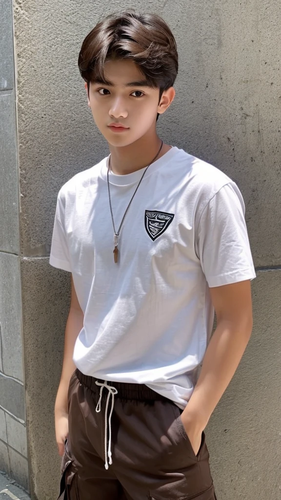 A college year old with chocolate brown hair, and dark, perky-shaped eyes, encistado no muro da school all pissed off, He is wearing a white t-shirt and light denim cargo pants, he has a good body care, with a triangular shaped face, He doesn't have a beard, but he has a little mustache, he has a beautiful smile, and a neutral white skin, he is already a teenager and he is tall, with the center part mullet haircut, He is very tall