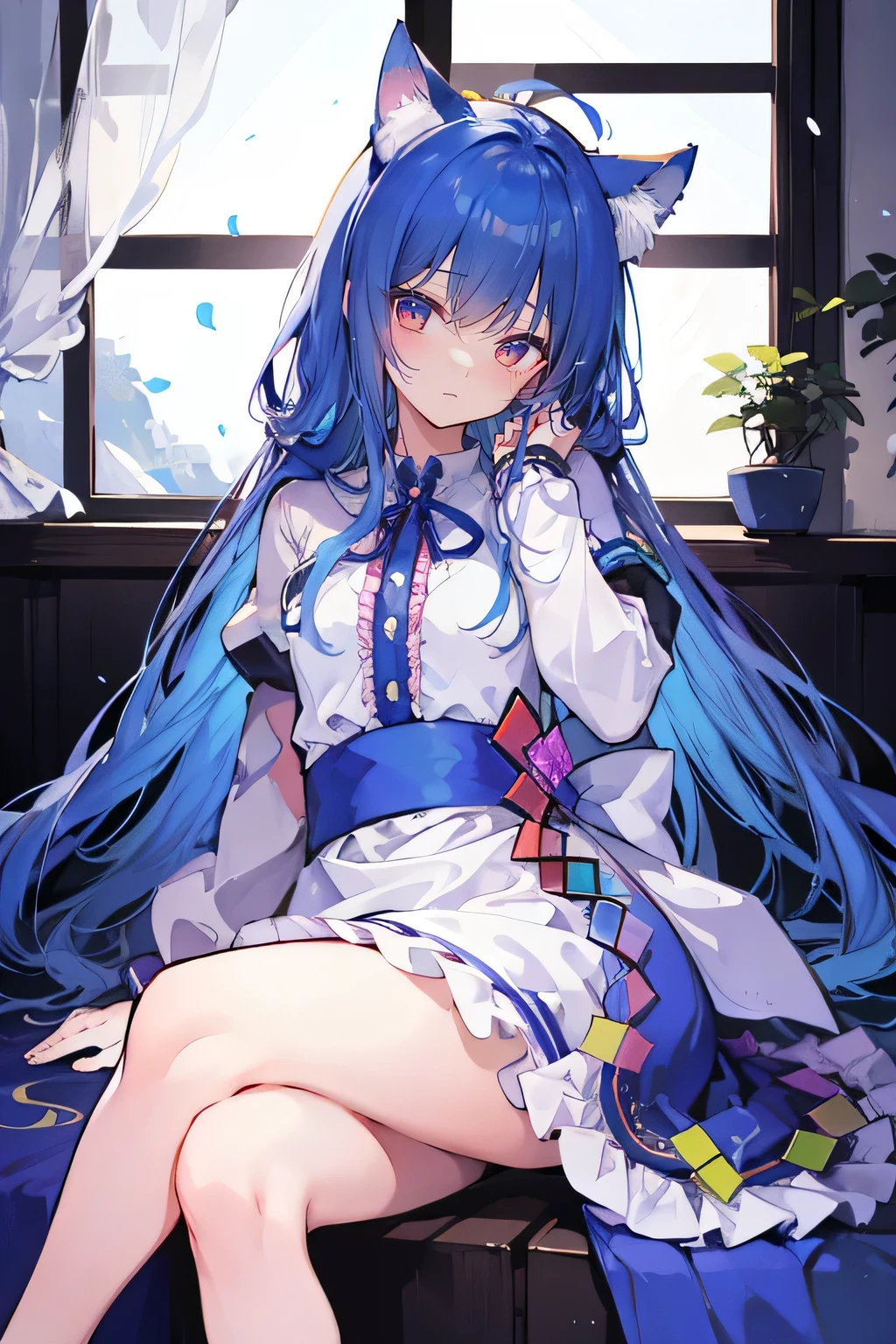 （masterpiece：1.2），Super detailed，lifelike，Expressive eyes，fair skin，perfect face shape，1 girl，
Japanese comics,Gorgeous blue hair,flowing blue hair,flowing clothes,Cat ears,Petals fall,beautiful lola,Baby Angel,
Shaking head with one hand，Cross your legs，Gentle and peaceful background，The pavilion is cool and comfortable,smile, wearing hoodie, In front of the window,snowing，Clear sky，Witch costume，Sitting sideways，Look from the bottom up。