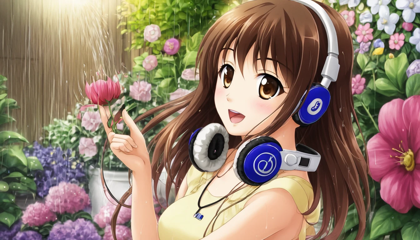 Girl wearing headphones,Brown Hair,1 person,bright,Detailed Background,「Garden after the rain」 - Garden after the rainで感じる新鮮な空気