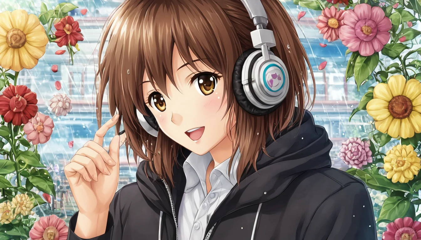 Girl wearing headphones,Brown Hair,1 person,bright,Detailed Background,「Garden after the rain」 - Garden after the rainで感じる新鮮な空気