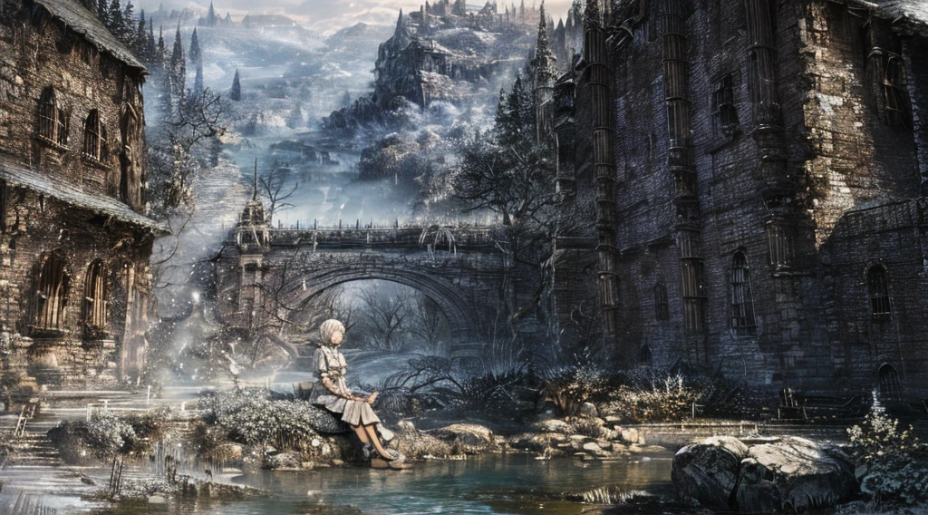 1girl, sitting on stone, white short hair, forest, river on background, spring, white cloth, Bloodborne