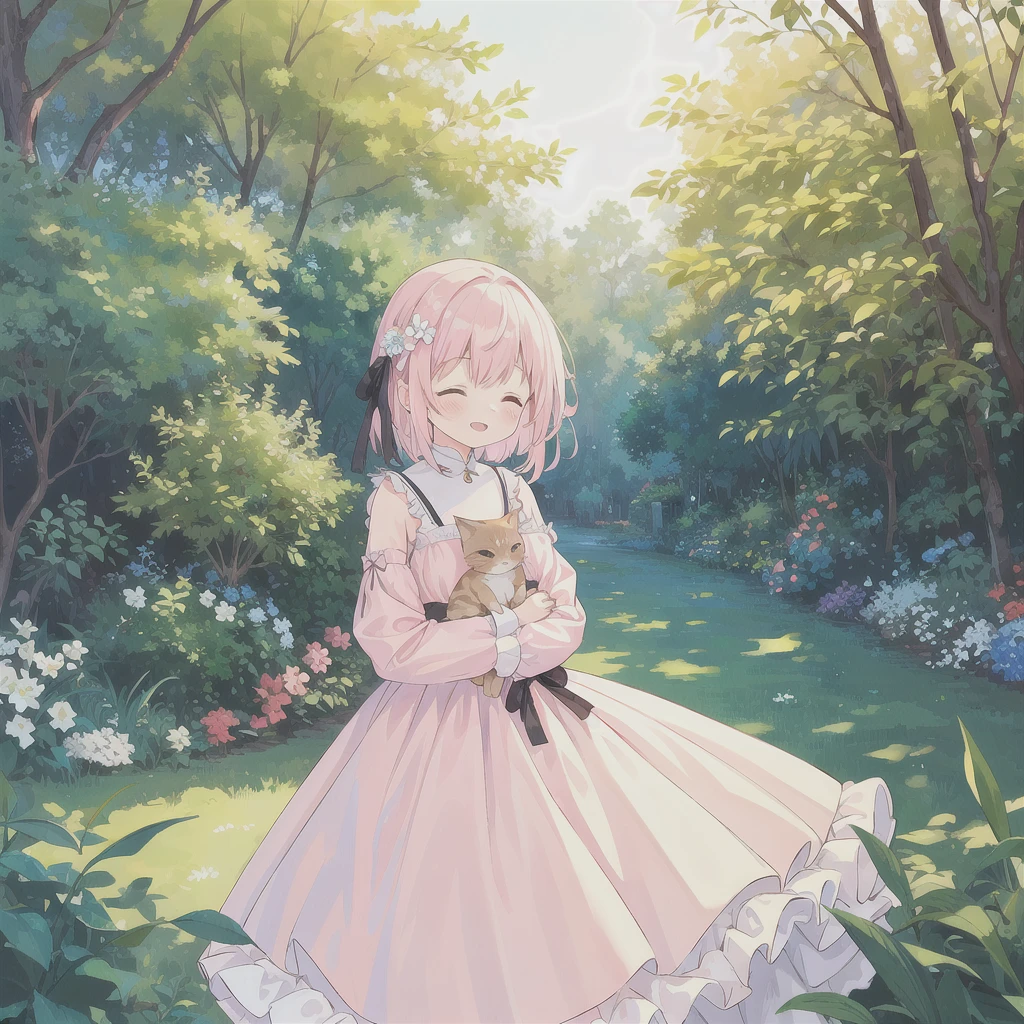 1 girl, solo, best quality, ultra detailed, , (happy:1.4), closed eyes,
pink hair, medium hair, looking away,
from front, from below, portrait, hugging the brown kitten, \(kitten has its mouth closed\),
white dress, blue ribbon, long sleeves, standing,
in the forest, flower garden, warm sunlight filtering through trees