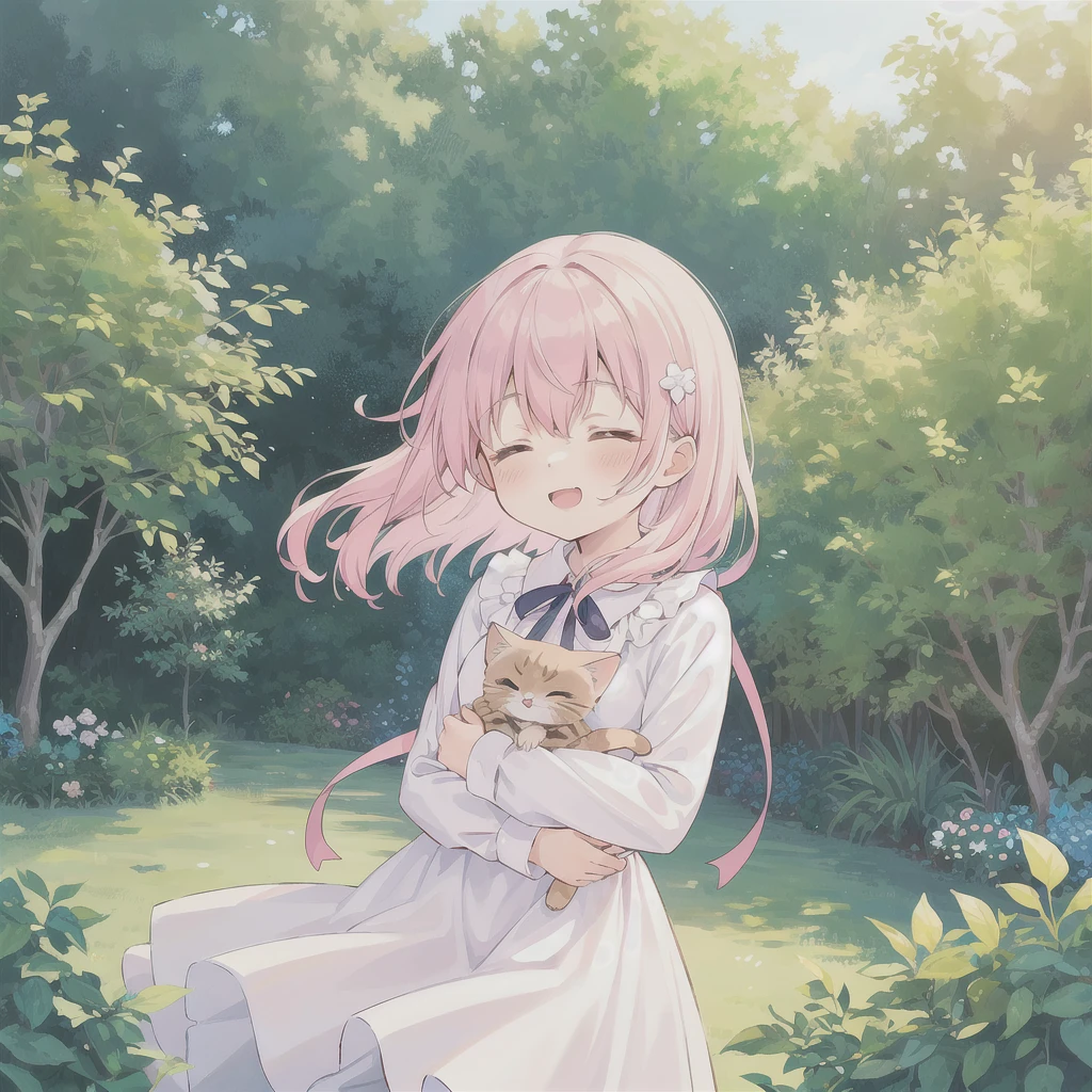 1 girl, solo, best quality, ultra detailed, , (happy:1.4), closed eyes,
pink hair, medium hair, looking away,
from front, from below, portrait, hugging the brown kitten, \(kitten has its mouth closed\),
white dress, blue ribbon, long sleeves, standing,
in the forest, flower garden, warm sunlight filtering through trees