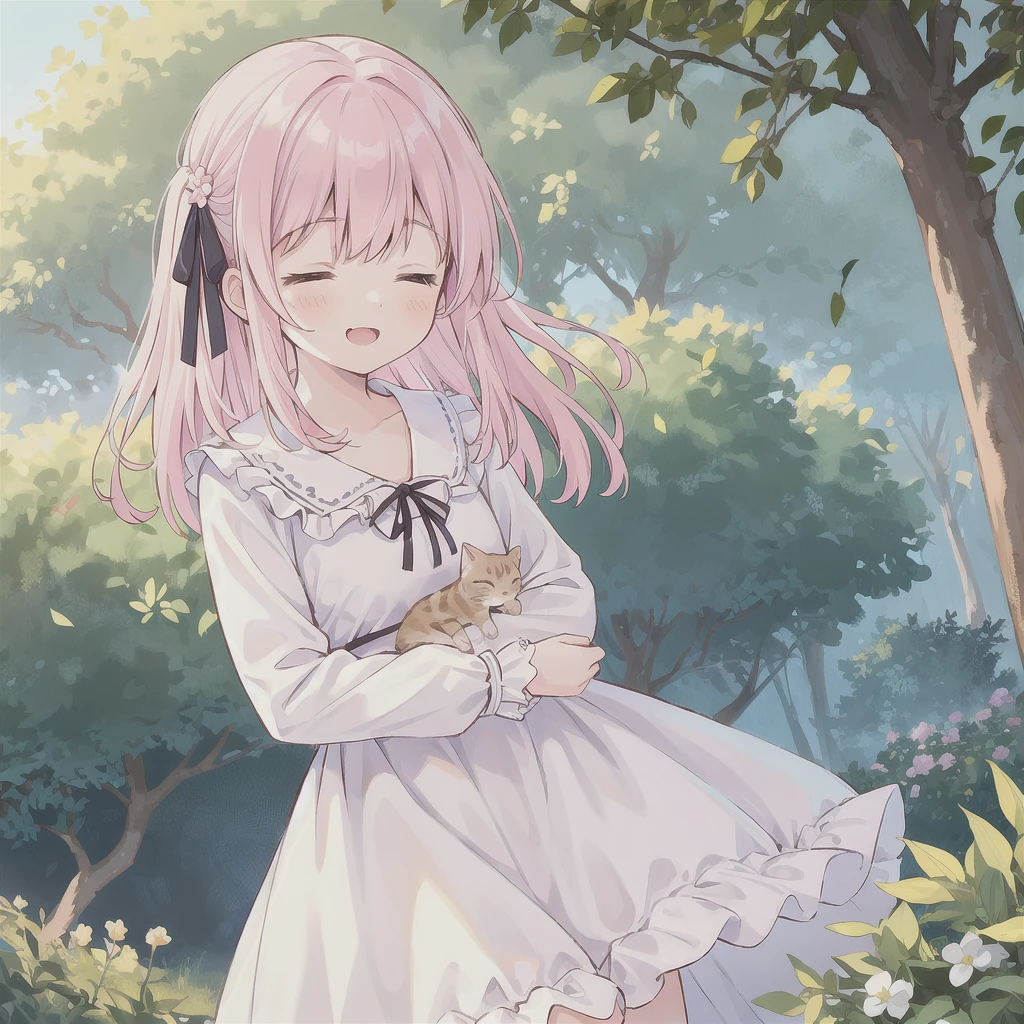 1 girl, solo, best quality, ultra detailed, , (happy:1.4), closed eyes,
pink hair, medium hair, looking away,
from front, from below, portrait, hugging the brown kitten, \(kitten has its mouth closed\),
white dress, blue ribbon, long sleeves, standing,
in the forest, flower garden, warm sunlight filtering through trees
