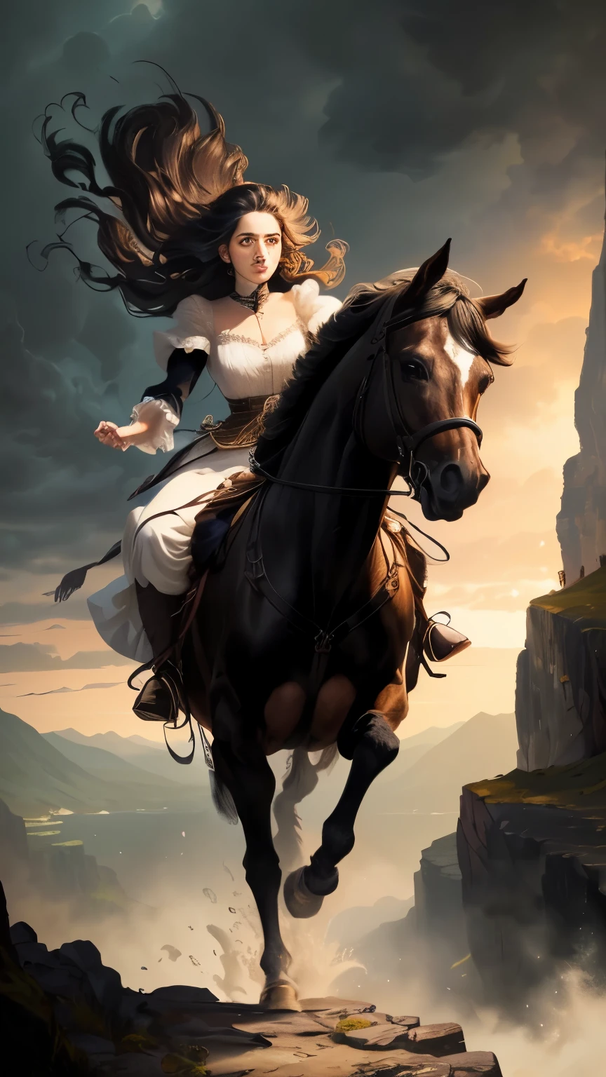 ((best quality)), ((masterpiece)), (detailed), A digital illustration of a black haired woman on a full black horse running towards the edge of a cliff on a mountain at late night, with a dark and stormy sky in the background. The women have expression of fear and is wearing a full sleeves white dress
