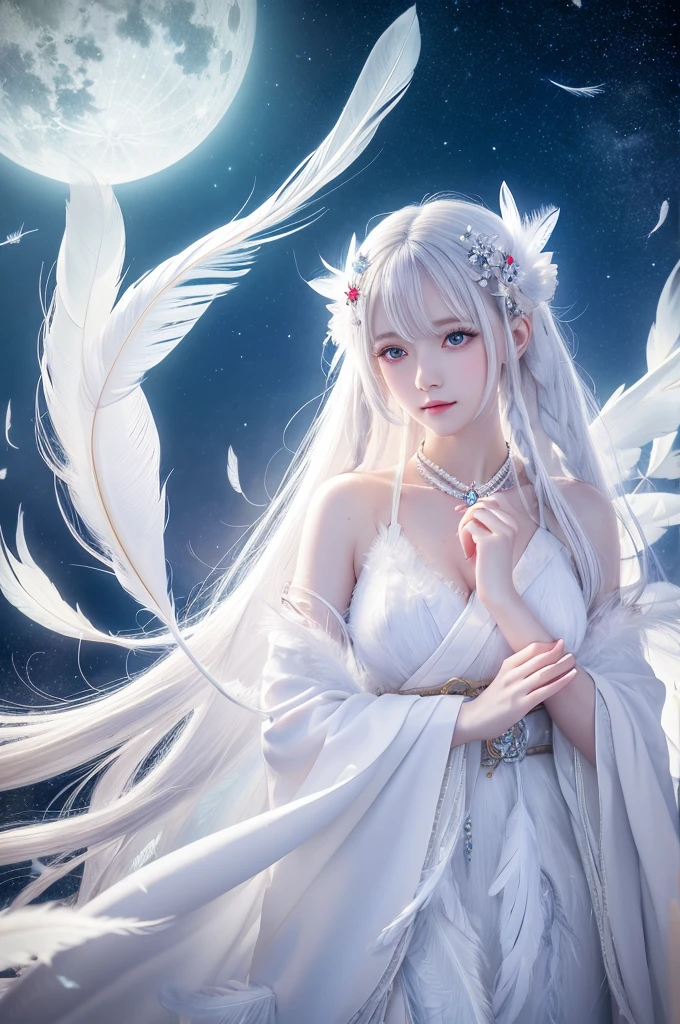 8k, artwork, woman, Pale skin, Long white hair, Crystal Eyes, White Shrine Maiden Clothing, 4K, anime, Starry Sky, Gazing at the sky,Feather hair ornament,Feathers are fluttering