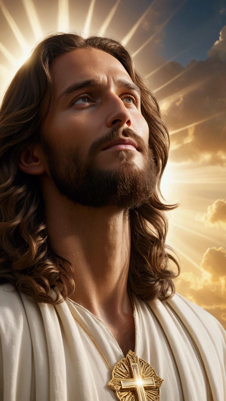 A captivating photograph of Jesus embracing a man in the clouds, in cinematic style, Jesus standing in the clouds, with long wavy hair and beard, exudes a divine aura, a soft and intense light that seems to emanate from his entire being, outlining his silhouette. Jesus and man are in heaven, a cosmic and divine environment surrounded by bright clouds. The divine light, with tones of white and gold illuminate the scene, on their faces an expression of serenity and joy. panoramic view, creating a halo that softly illuminates the faces of Jesus and the man. The image is bathed in a soft, golden light, creating a dramatic and moving atmosphere., photographic, panoramic view, cinematic, intricate details, perfect eyes, skin perfect, perfect face, 4k photorealistic, realistic image, dynamic lighting, hyper-detailed, ultra-realistic and realistic textures, panoramic view.