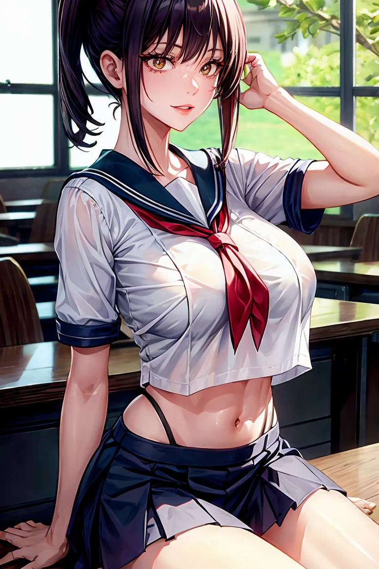 Makima (Chainsaw Man), woman, sexy woman, mature female, mommy, sharp eyes, detailed lips, big breast, short sleeves sailor uniform, sexy sit, classroom, evil smiling, seductive lips, adjusting hair, short skirt, hunter eyes, looking back, midriff peek, earrings , high pony tail 