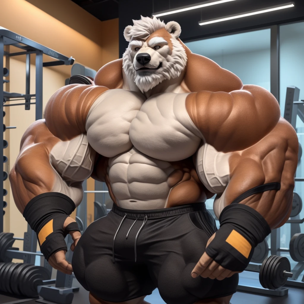 solo, 1boy, Huge Muscular White Polar Bear, huge white fur, pectoral, huge pectoral, wide pectoral, short white hair, ((really big muscle, massive muscular, sixpack, thick arms, wide pectoral, super huge muscle, hyper muscular, over sized muscle, huge arms, big arms, huge pectoral)), black gym short pants, black wristbands, fingerless gloves and shirtless and topless, white bearded, white Mustache, white fur, grey eyebrows, gym fitness center background, masterpiece, high detailed, 8k, high resolution, at the gym, flexes huge thorax, looking at the viewer, acting all hunk