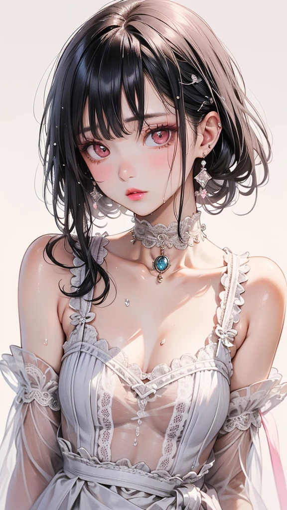 Gentle and attractive beauty, Half-body photo, Delicate and sexy collarbone, Attractive oval face, double eyelid, Bright pink eyes, Pink Lips, Small Nose, Exposing shoulders, Concentrated face, Face close-up, Ultra high definition, Super Detail, Elegant standing posture, Ultra-fine light-transmitting wet yarn