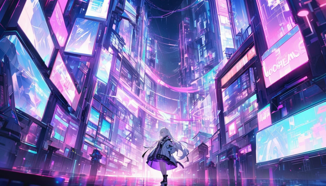 mysterious。White Hair Girl。Detailed Background。近未来のサイバースーツを着たWhite Hair Girlが戦闘体勢に入っているシーン。Behind it are holograms of a futuristic city and neon lights.。