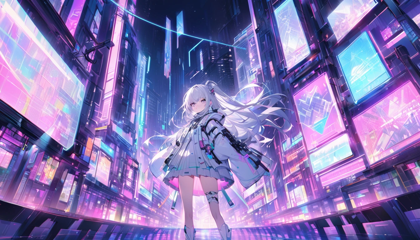 mysterious。White Hair Girl。Detailed Background。近未来のサイバースーツを着たWhite Hair Girlが戦闘体勢に入っているシーン。Behind it are holograms of a futuristic city and neon lights.。