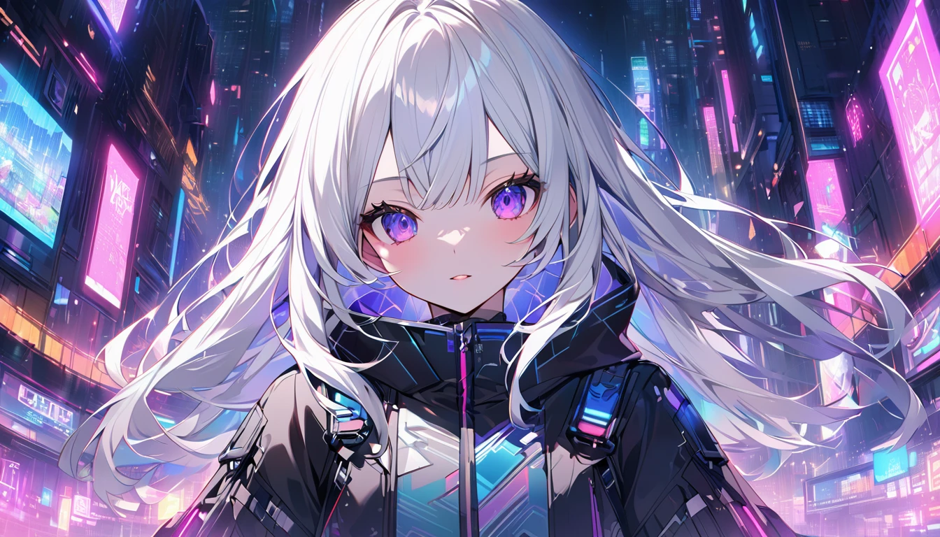 mysterious。White Hair Girl。Detailed Background。近未来のサイバースーツを着たWhite Hair Girlが戦闘体勢に入っているシーン。Behind it are holograms of a futuristic city and neon lights.。