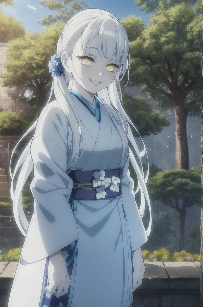 kimetsu no yaiba style, 1girl, white hair , solo, yellow eyes, holding a katana ,long hair, white kimono with blue flowers , outdoors, tree, anime coloring, ((masterpiece)) , day background , beautiful girl, cute, solo , smiling face, happy, giggle , standing , flowers on hair((high quality))