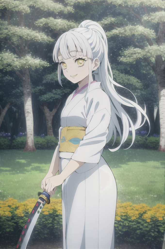 kimetsu no yaiba style, 1girl, white hair , solo, yellow eyes, holding a katana ,long hair, white kimono with blue flowers , outdoors, tree, anime coloring, ((masterpiece)) , day background , beautiful girl, cute, solo , smiling face, happy, giggle , standing , flowers on hair((high quality))