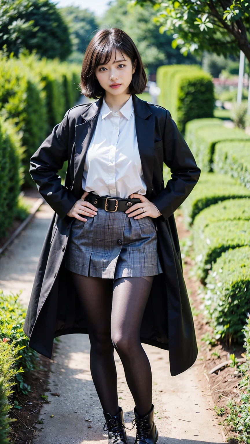 (8k、RAW Photos、Highest quality、masterpiece:1.2)、(Realistic、Realistic)、1 Girl、((coat、Black hort Hair、Check shirt、boots、tights、garden、View from the front、Looking at the camera、belt、Hands on your hips))、cute