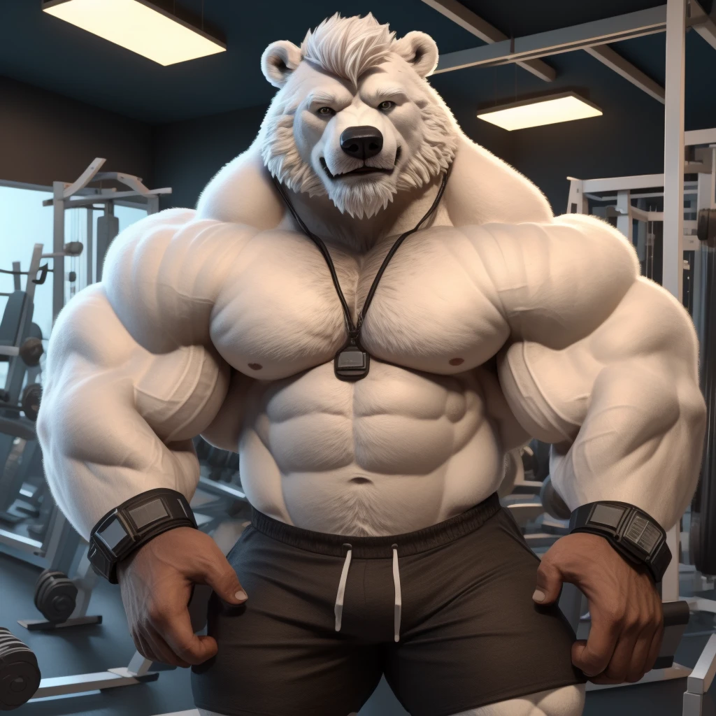 solo, 1boy, Huge Muscular White Polar Bear, huge white fur, pectoral, huge pectoral, wide pectoral, short white hair, black gym short pants, black wristbands and shirtless and topless, white bearded, white Mustache, white fur, black eyebrows, gym fitness center background, masterpiece, high detailed, 8k, high resolution, at the gym, flexes huge thorax, looking at the viewer, acting all hunk