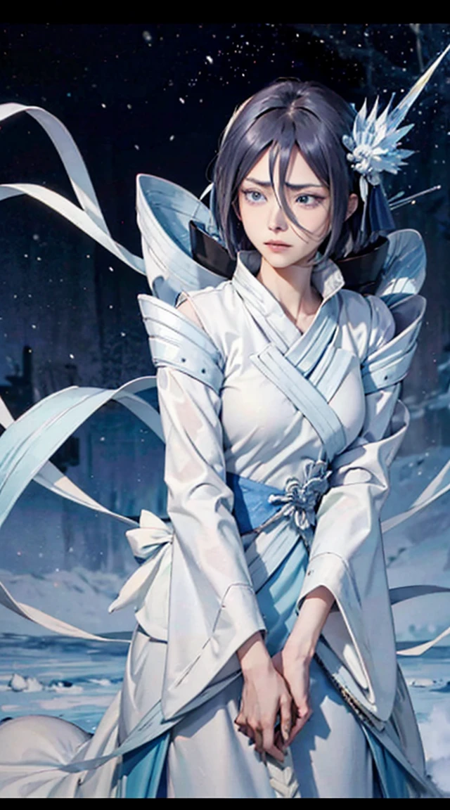 Digital Art of Kuchiki Rukia, Bankai Form(Hakka Perching Turtle), From the anime Bleach, Are standing, whole body, Gray Hair, Bright Blue Eyes, Frozen Sword, Ice particles, Crystal of snow, Super detailed, Ultra-realistic, View your viewers, 4K, The depth of the writing world, Radiation Mapping, High Dynamic Range, masterpiece，crawling position on their hands and knees