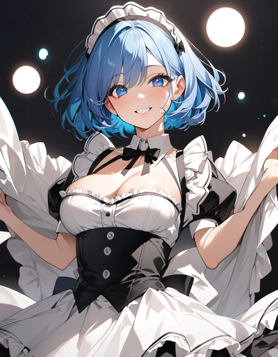 Beautiful girl in maid、(Top quality illustrations:1.2), (pretty girl:1.1), (1 girl、、Top quality illustrations:1.2), (1 girl、smile、Medium chest、Beautiful breasts、Highly detailed eyes:1.2)、Bright blue hair、Short Bob Hair、(Black and white maid costume) 、White background、Simple Background