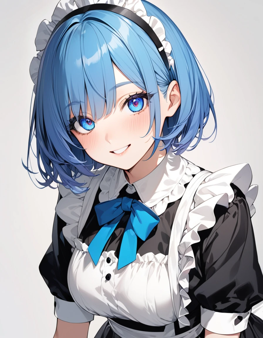 Beautiful girl in maid、(Top quality illustrations:1.2), (pretty girl:1.1), (1 girl、s old、Top quality illustrations:1.2), (1 girl、smile、Medium chest、Beautiful breasts、Highly detailed eyes:1.2)、Bright blue hair、Short Bob Hair、(Black and white maid costume) 、White background、Simple Background