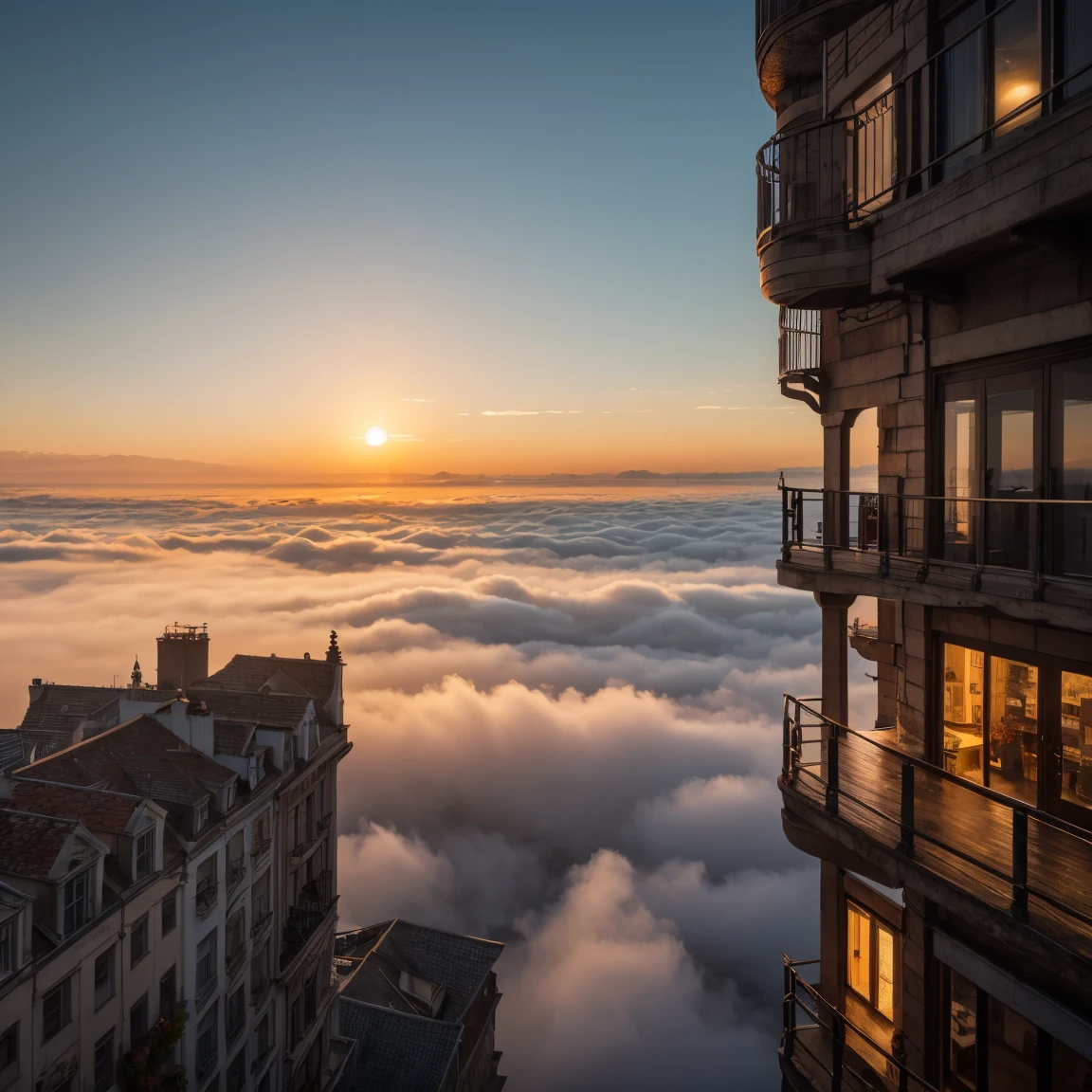 Between the buildings, Sunrise in the busy city, (Ultra-high resolution,8k),Fantasy, The world of picture books, (Highest quality), Super detailed, Outstanding Image, (Photorealistic), The fog rolls in