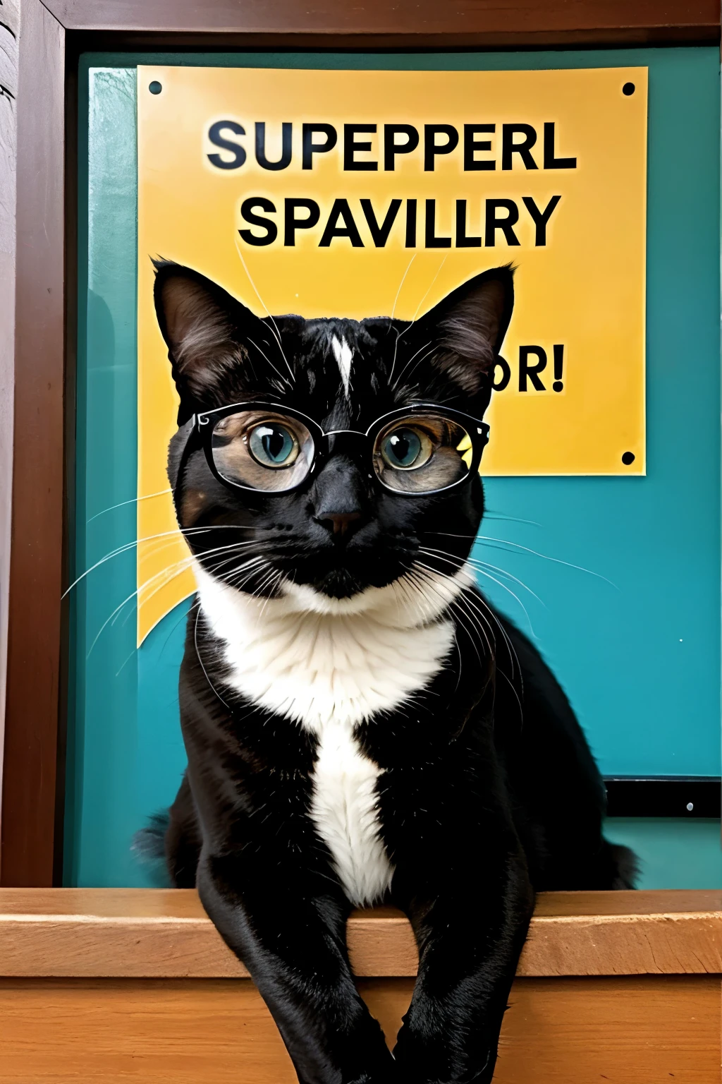((Best Quality)), ((masterpiece)), (detailed), 1 cat with glasses, with a sign that says super surveillance