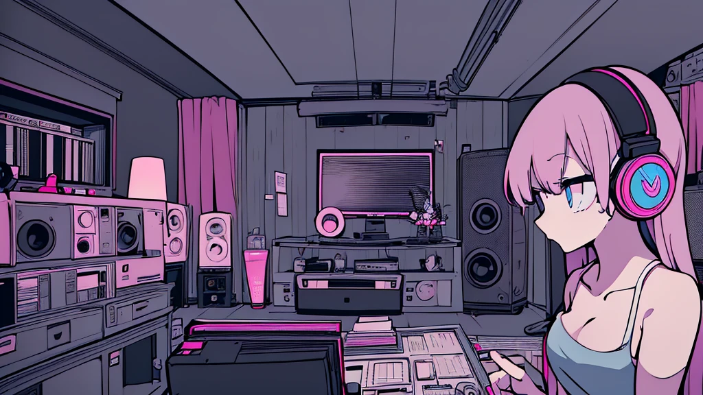 Best quality, (masterpiece), best detail face,1 girl, natural breasts, 18 yo, 8k,absurdres,unity 8k wall paper,(extremely detailed:1.3), highest realistic, (retro headphones:), (soft neon light:), (psychedelic), Her room full of music equipment and records, sports wear , See the whole room , dark grey color pallet, pink hair
