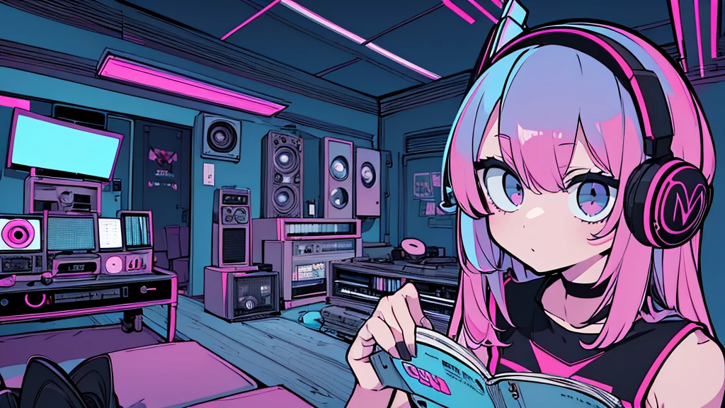 Best quality, (masterpiece), best detail face,1 girl, natural breasts, 18 yo, 8k,absurdres,unity 8k wall paper,(extremely detailed:1.3), highest realistic, (retro headphones:), (soft neon light:), (psychedelic), Her room full of music equipment and records, sports wear , See the whole room , dark grey color pallet, pink hair
