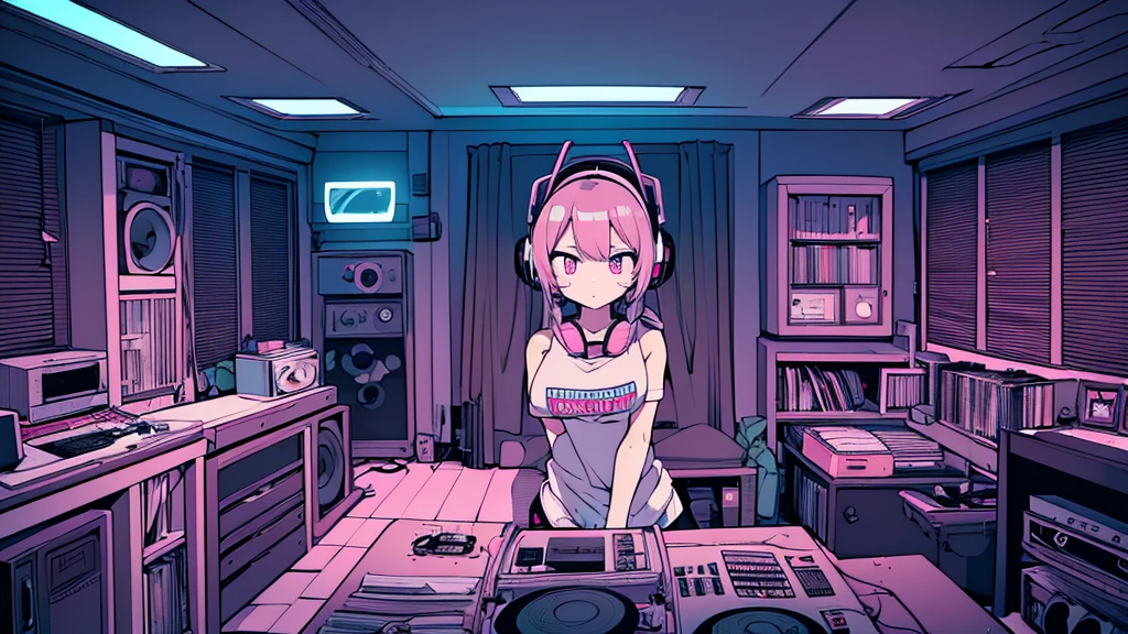 Best quality, (masterpiece), best detail face,1 girl, natural breasts, 18 yo, 8k,absurdres,unity 8k wall paper,(extremely detailed:1.3), highest realistic, (retro headphones:), (soft neon light:), (psychedelic), Her room full of music equipment and records, sports wear , See the whole room , dark grey color pallet, pink hair
