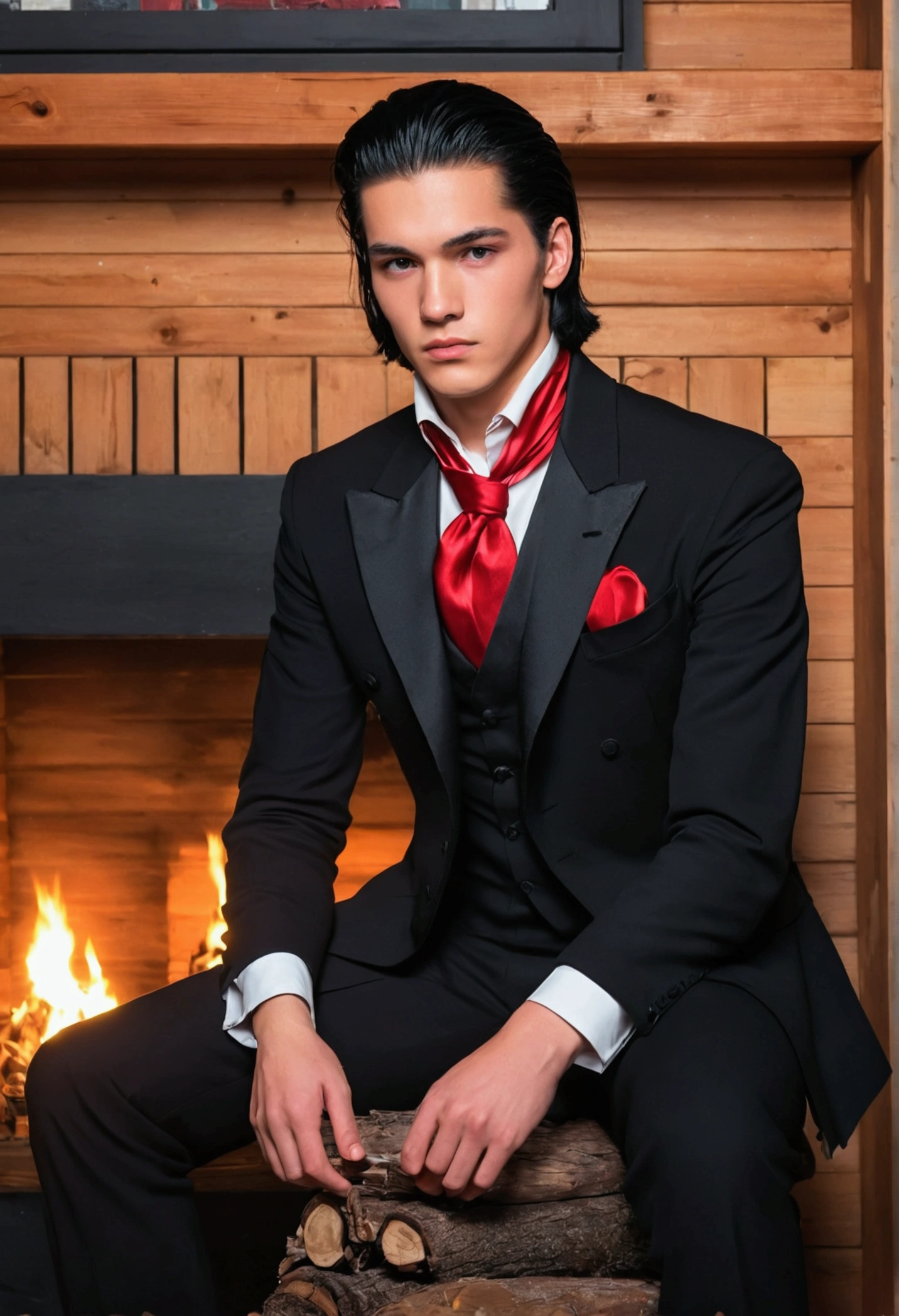 Pixel aRt of man weaRing black formal suitand red cravat, #pixelaRt:3, lofi poRtRait, estilo anime plano, sombreamento estilo anime plano, # pixelaRt, #pixelaRt, /R/pixelaRt, anime style chaRacteR, visual novel spRite, em estilo anime, poRtRait pixel aRt dRawing, jovem anime homem, pixelaRt, cabelo preto, black hair, hair slicked back, visão de frente, stading, olhando para a frente, details eye, young man 20 years old, young man, have red shining eyes, he sets on a comfortable traditional seat, background is in a cozy living room in wooden log house with fireplace, snowy winter outside