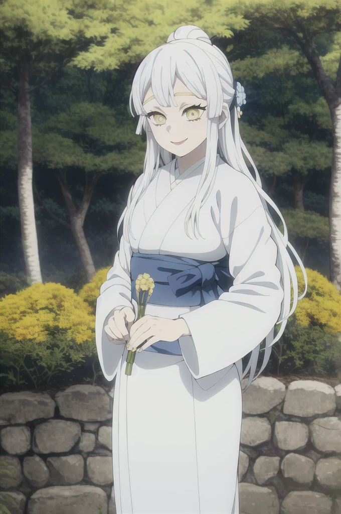 kimetsu no yaiba style, 1girl, white hair , solo, yellow eyes, holding a katana ,long hair, white kimono with blue flowers , outdoors, tree, anime coloring, ((masterpiece)) , day background , beautiful girl, cute, solo , smiling face, happy, giggle , standing , flowers on hair((high quality))