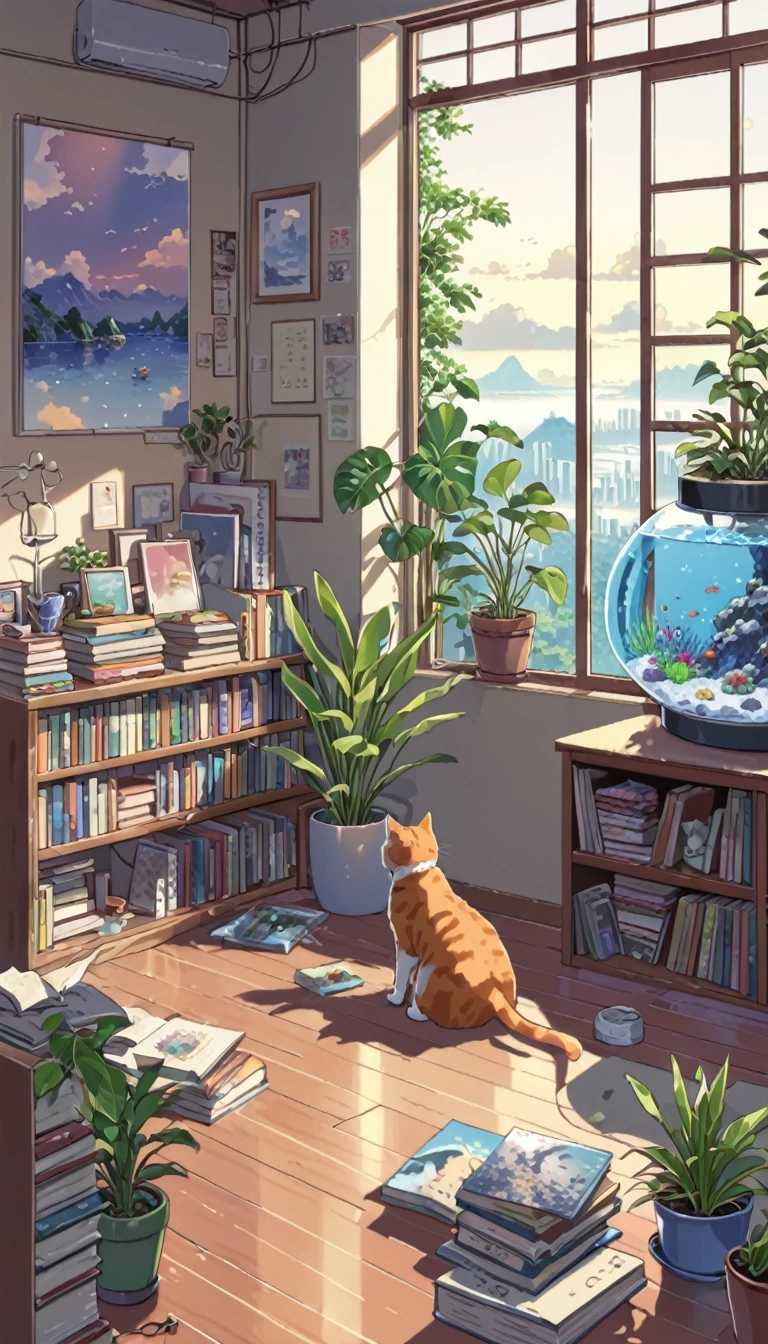 ((anime:1.4,illustration)),(masterpiece, top quality, best quality),(ultra-detailed, absolutely resolution),((16k, high res)). BREAK {lofi art, style of Laurie Greasley, style of Makoto Shinkai, anime aesthetic}, BREAK {There is an aquarium and houseplants in the room, no humans、books、Lots of CDs、Relaxing cat}