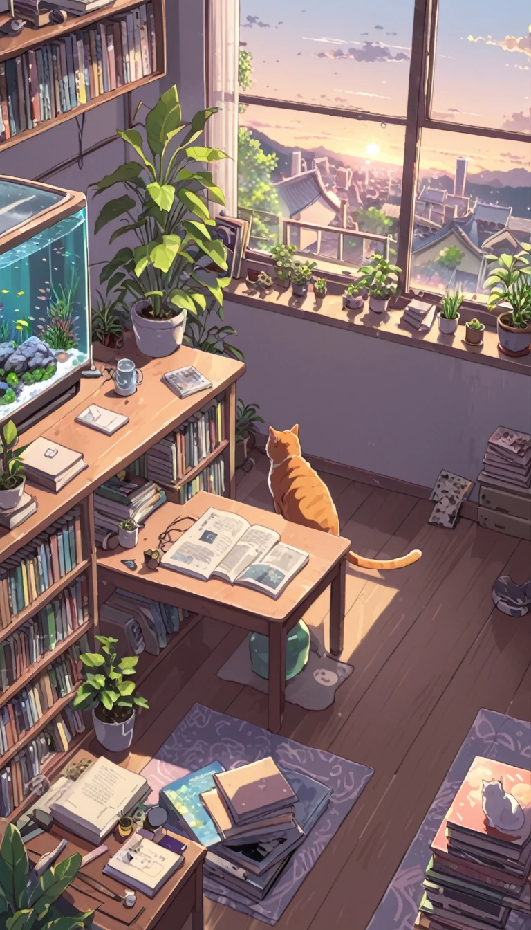 ((anime:1.4,illustration)),(masterpiece, top quality, best quality),(ultra-detailed, absolutely resolution),((16k, high res)). BREAK {lofi art, style of Laurie Greasley, style of Makoto Shinkai, anime aesthetic}, BREAK {There is an aquarium and houseplants in the room, no humans、books、Lots of CDs、Relaxing cat}