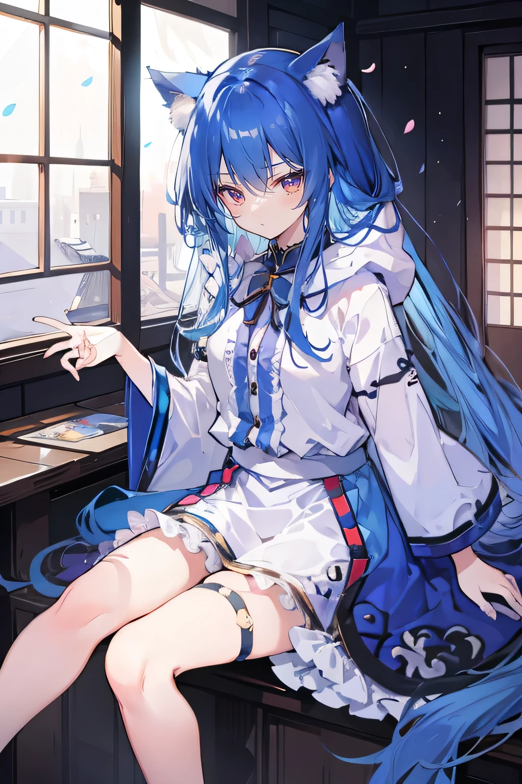 (masterpiece:1.2),Super detailed,lifelike,Expressive eyes,fair skin,perfect face shape,1 girl,
Japanese comics,Gorgeous blue hair,flowing blue hair,flowing clothes,Cat ears,Petals fall,beautiful lola,Baby Angel,
Shaking head with one hand,Cross your legs,Gentle and peaceful background,The pavilion is cool and comfortable,smile, wearing hoodie, In front of the window,snowing,Clear sky。