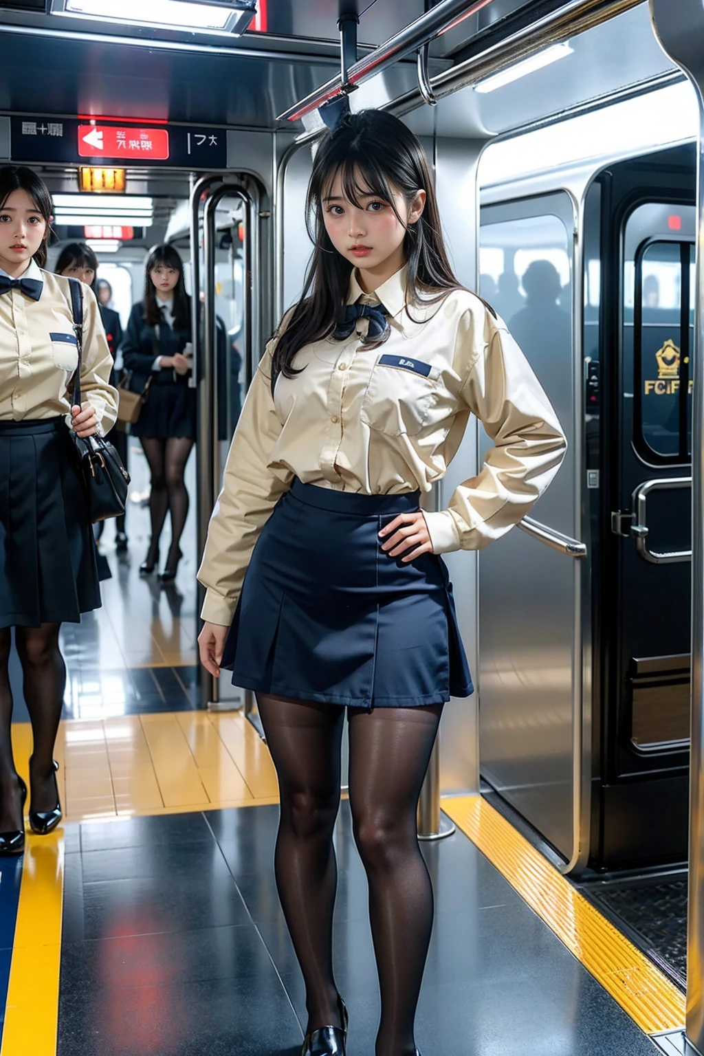Great quality, 16K, (RAW Photos:1.4), High resolution, ((Composition away from the subject)), ((顔から足首までのFull body photo)), ((Perfect Anatomy)), 2 females, 14 years old, (Please take a picture from the front.), First Person View, Wide-angle, 超High resolution, Anatomically correct, Super Detail, (8k), (Highest quality: 1.5), 超High resolution, Very detailed, Golden Ratio, (Two tall Japanese high school 女の子s), 24-years-old, (F Cup Big:1.7), Huge breasts, Cleavage, (Two Sisters), (Full body photo), Large physique, ((A uniform consisting of a navy blue shirt with a red ribbon and a beige tight miniskirt)), Detailed skin, Glowing Skin, Baby Face, Korean Girls, ( Ivory Black ), Choi Hong-hwa, Lee Ji-eun, Lee Ji-eun, Ulzzang, Korean, sakimichan, Jaeyoung Nam, Kim Tae-jun, double eyelid, eyes with long eyelashes, Small face, Three Sisters, (Full body photo), (Angry with a super cute face), Angry face, Blonde, short hair, hair band, Glare, Frowning, Drooling, Long Tongue, Verbal invitation, compensate, Frowning, Frowningをする, Overlooking here, Stand in the middle of the train, Stretch your back, The interior is bright,black tights, (艶めかしいblack tights), Brown High Heels, Full Body Shot, Beautiful Hairstyles, Accentuates very slim legs,(Very cute face, Overlooking here, Please put your hands on your hips, Stand with your feet shoulder-width apart), Simple uniforms, The sisters wear the same uniform., Long sleeve uniform, ((thick and long legs)), (Very wide thighs:1.6), (Very long legs:1.4), (I always wear black pantyhose), (The tight mini skirt is a dull beige, Very short), (Oily shiny black pantyhose) , (Wearing high heel loafers), (Very wide thighs), (Plump legs), (They always wear black stockings..),The sisters wear the same uniform,  Wearing a uniform consisting of a navy blue shirt with a red ribbon and a beige tight mini skirt, Street Snap, マイクロミニスカートと黒ストッキングを履いた女性のFull Body Shot,(スカートがVery short), (Very long legs), (Very wide thighs), (Plump legs), (She always wears black stockings..), , (Oily shiny black pantyhose), (Wearing high heels), 