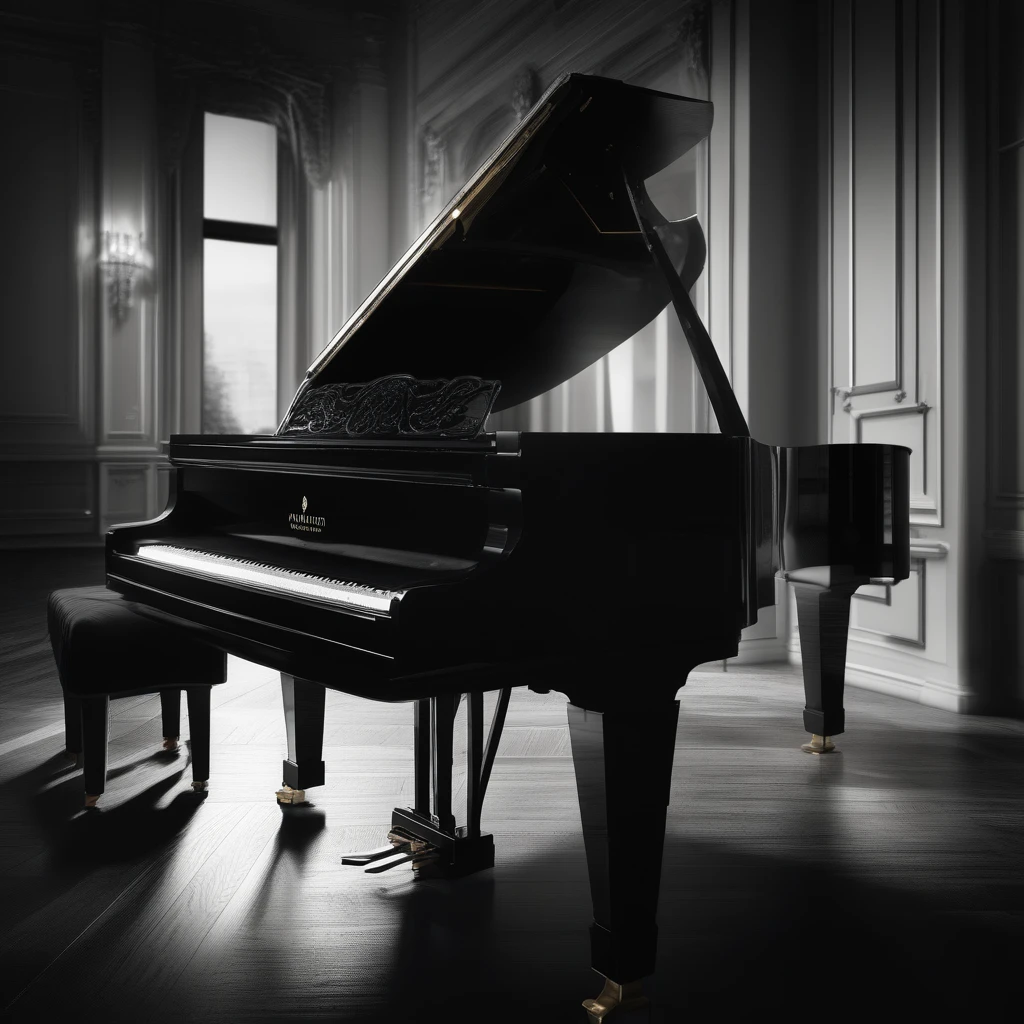 night, Grand piano, High resolution, high quality, 最high quality, High resolution, high quality, Attention to detail, masterpiece, monotone