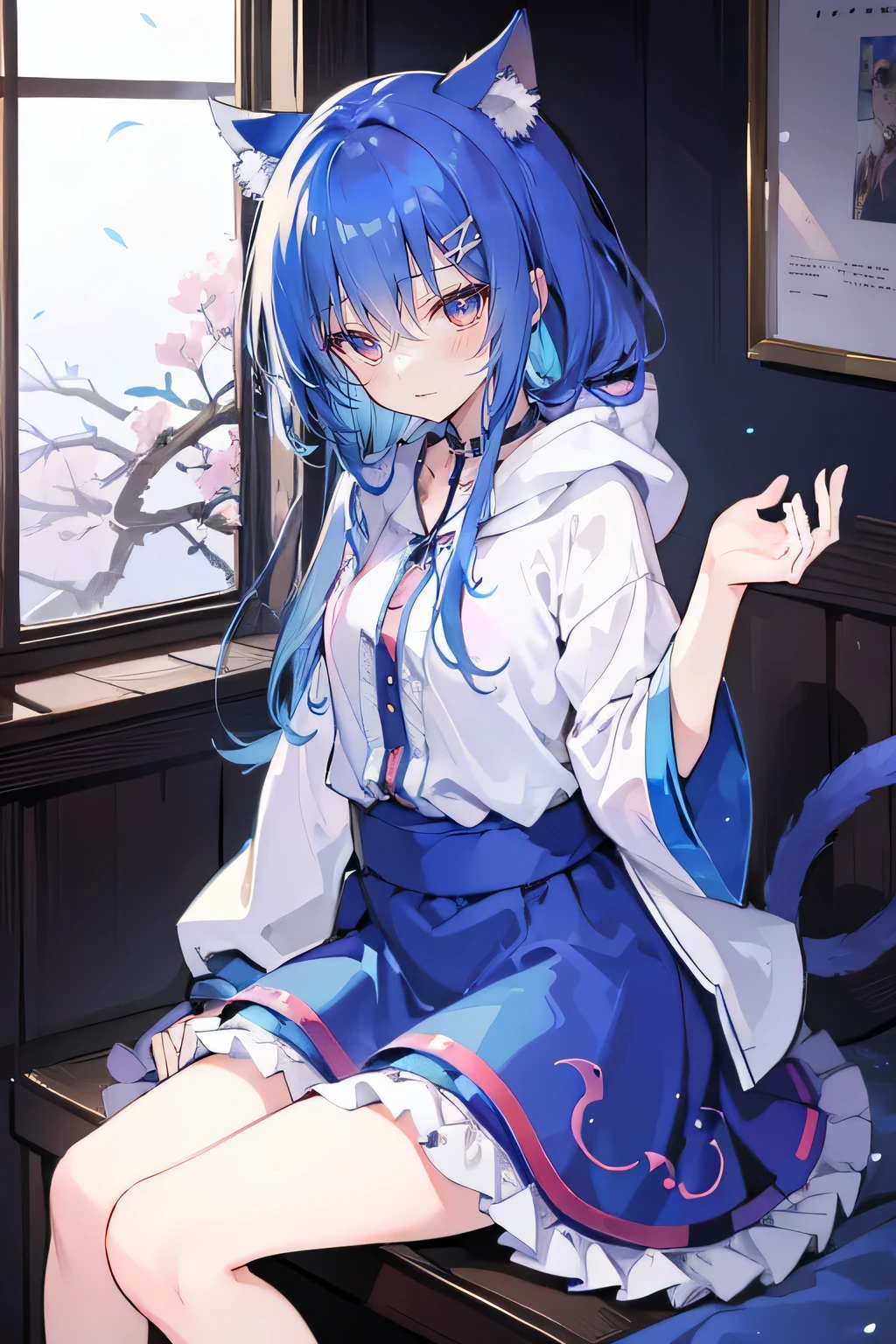 （masterpiece：1.2），Super detailed，lifelike，Expressive eyes，fair skin，perfect face shape，1 girl，
Japanese comics,Gorgeous blue hair,flowing blue hair,flowing clothes,Cat ears,Petals fall,beautiful lola,Baby Angel,
Shaking head with one hand，Cross your legs，Gentle and peaceful background，The pavilion is cool and comfortable,smile, wearing hoodie, In front of the window,snowing，Clear sky。