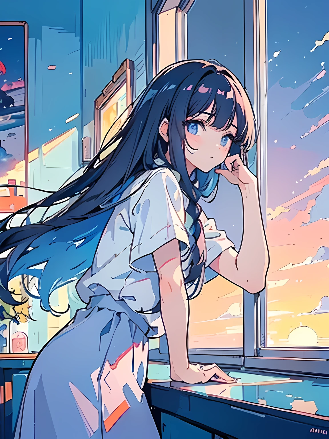 (masterpiece:1.5, best quality:1.5), ((VaporWave style, partially coloring)), cinematic angle, Semi-long hair, Asymmetrical bangs, 1girl, (Hair flowing in the wind), Staring tiredly out the window, (Looking out the window), (sunset outside the window, sunset through window), From inside the house, ((Rest chin on hand)), Poke out lips, Elbow on the table, ((facing beyond)), Gradient Processing, (face seen from the side), (Depth of written boundary), Short sleeve white shirt uniform, ultra straight hair,