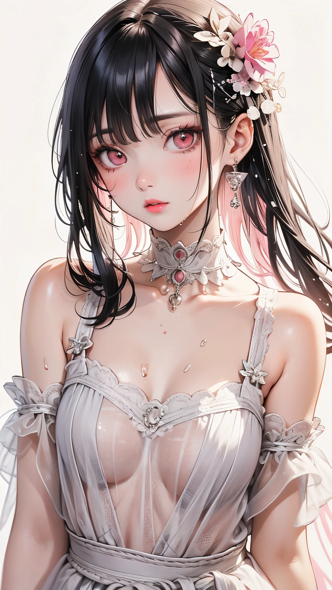 Gentle and attractive beauty, Half-body photo, Delicate and sexy collarbone, Attractive oval face, double eyelid, Bright pink eyes, Pink Lips, Small Nose, Exposing shoulders, Concentrated face, Face close-up, Ultra high definition, Super Detail, Elegant standing posture, Ultra-fine light-transmitting wet yarn