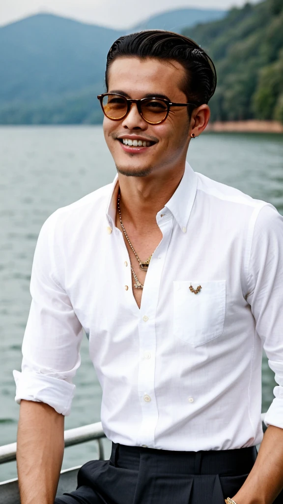 ((best quality)), ((masterpiece)), (detailed), 1man /malaysia. skinny. wear rayban glasses. presley hairstyle. retro style. at lake. big teeth. wear shirt.polkadot. year 1980 outfit dress.