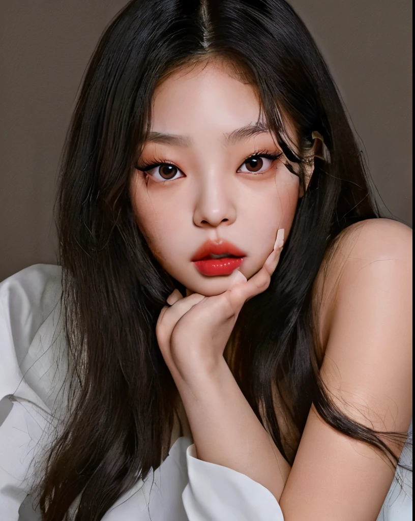 Jennie Kim, kim jennie face. wavy black hair, doll lips, large eyes,