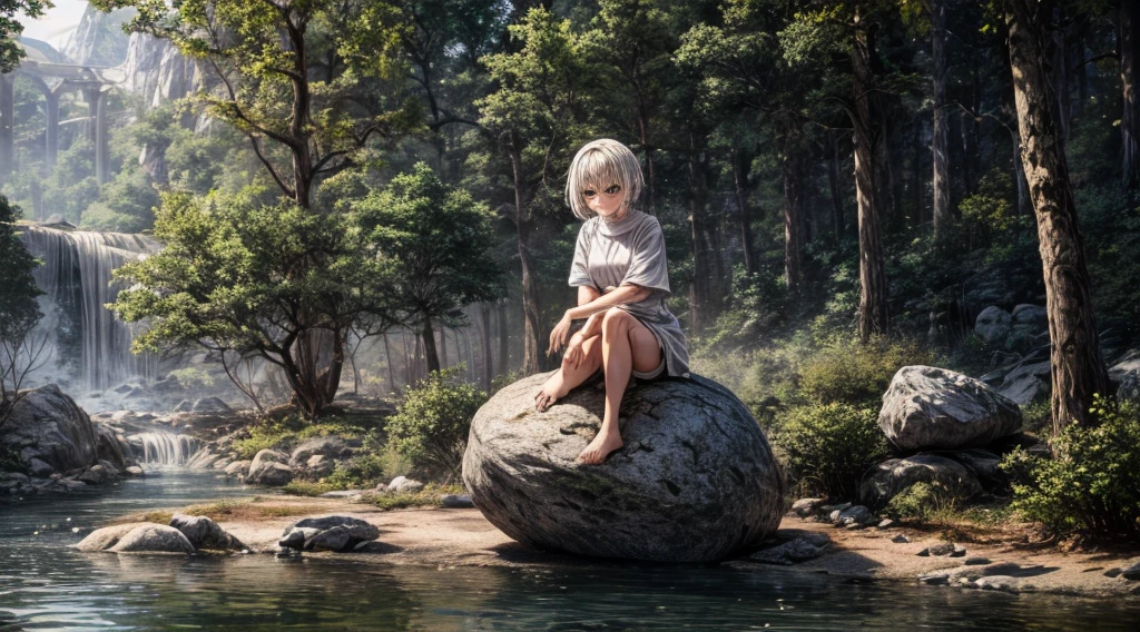  1girl, sitting on stone, white short hair, forest, river on background, spring, white cloth,8k