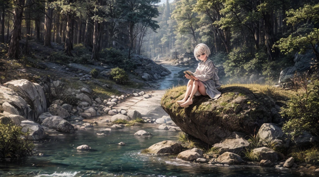 1girl, sitting on stone, white short hair, forest, river on background, spring, white cloth,8k