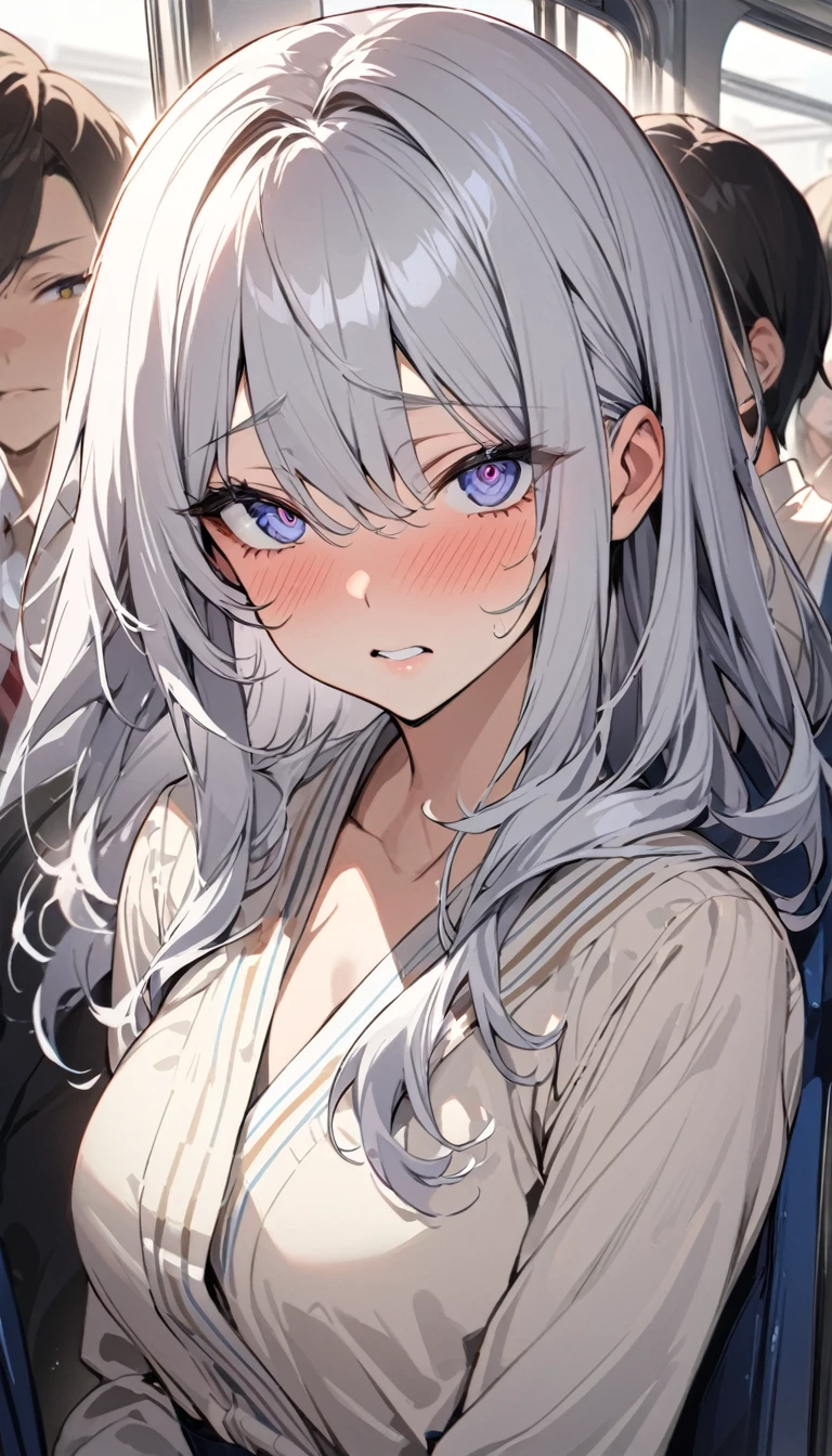 masterpiece, High resolution, perfect face, Japan beauties, 30 years old, beautiful face, in the crowded train, high school student, embarrassed look, look at the camera, (top quality eyes), detailed texture, Look at me, Married woman, cool women, ((high resolution eyes)), hentai face