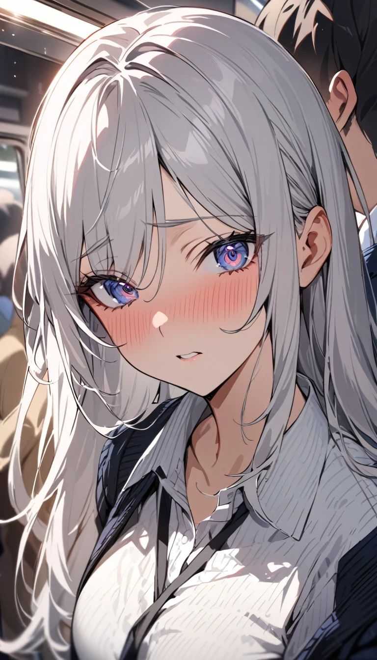 masterpiece, High resolution, perfect face, Japan beauties, 30 years old, beautiful face, in the crowded train, high school student, embarrassed look, look at the camera, (top quality eyes), detailed texture, Look at me, Married woman, cool women, ((high resolution eyes)), hentai face