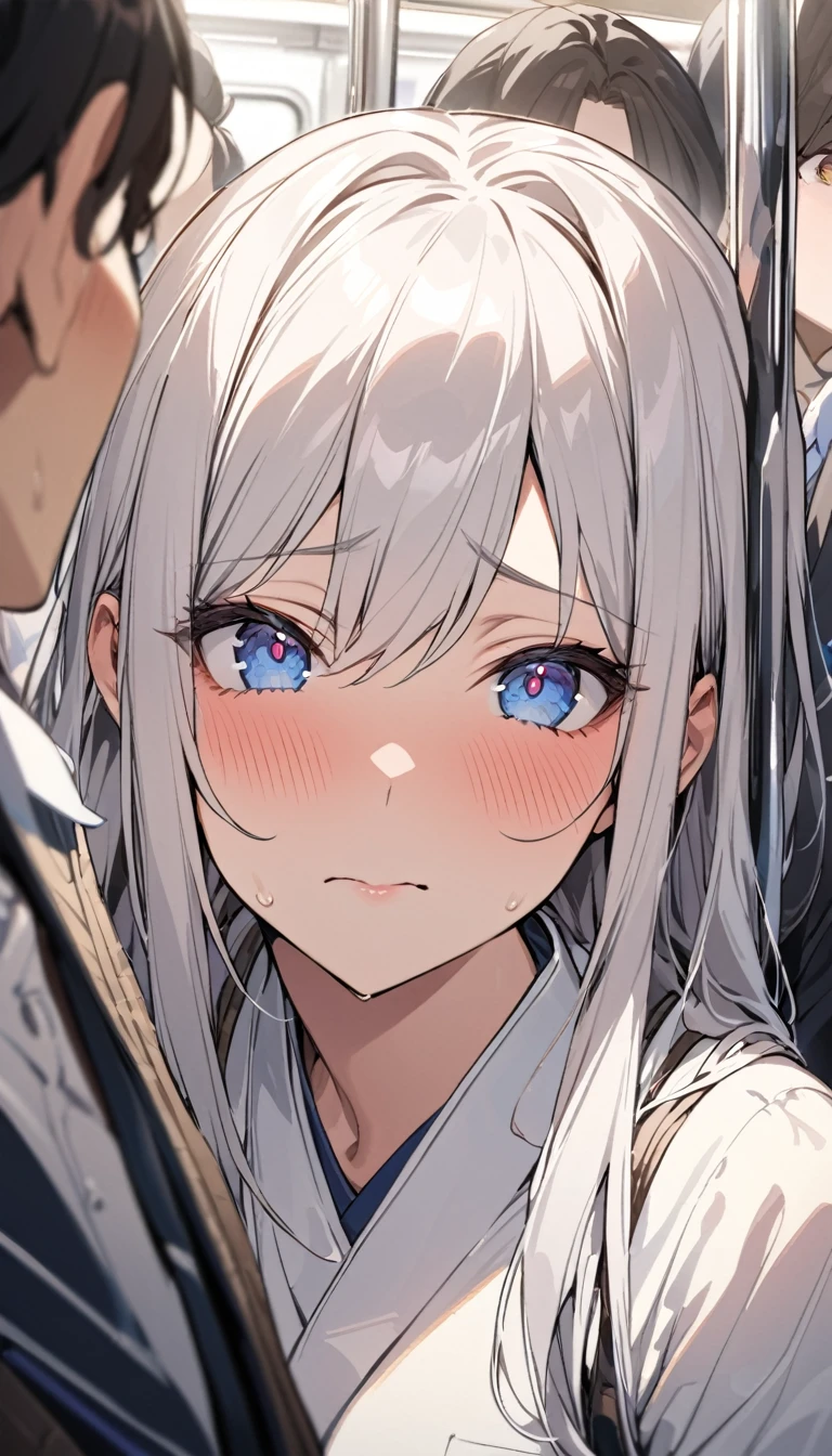 masterpiece, High resolution, perfect face, Japan beauties, 30 years old, beautiful face, in the crowded train, high school student, embarrassed look, look at the camera, (top quality eyes), detailed texture, Look at me, Married woman, cool women, ((high resolution eyes)), hentai face