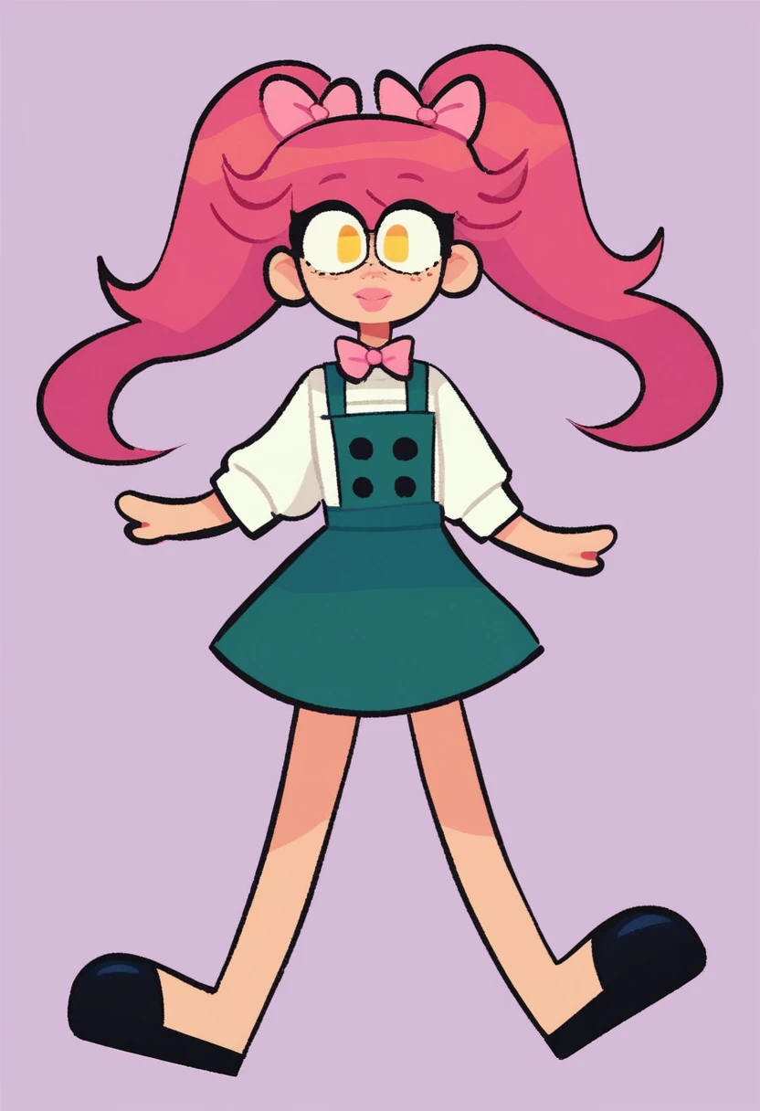 susie_huckerdoo, 1girl, full body, solo, simple background, white shirt with black buttons and a flower-like collar, greenish blue overall-dress with a pink bow around dress, black Mary Jane shoes. light pink hair, pigtails, light yellow eyes, big light pink lips