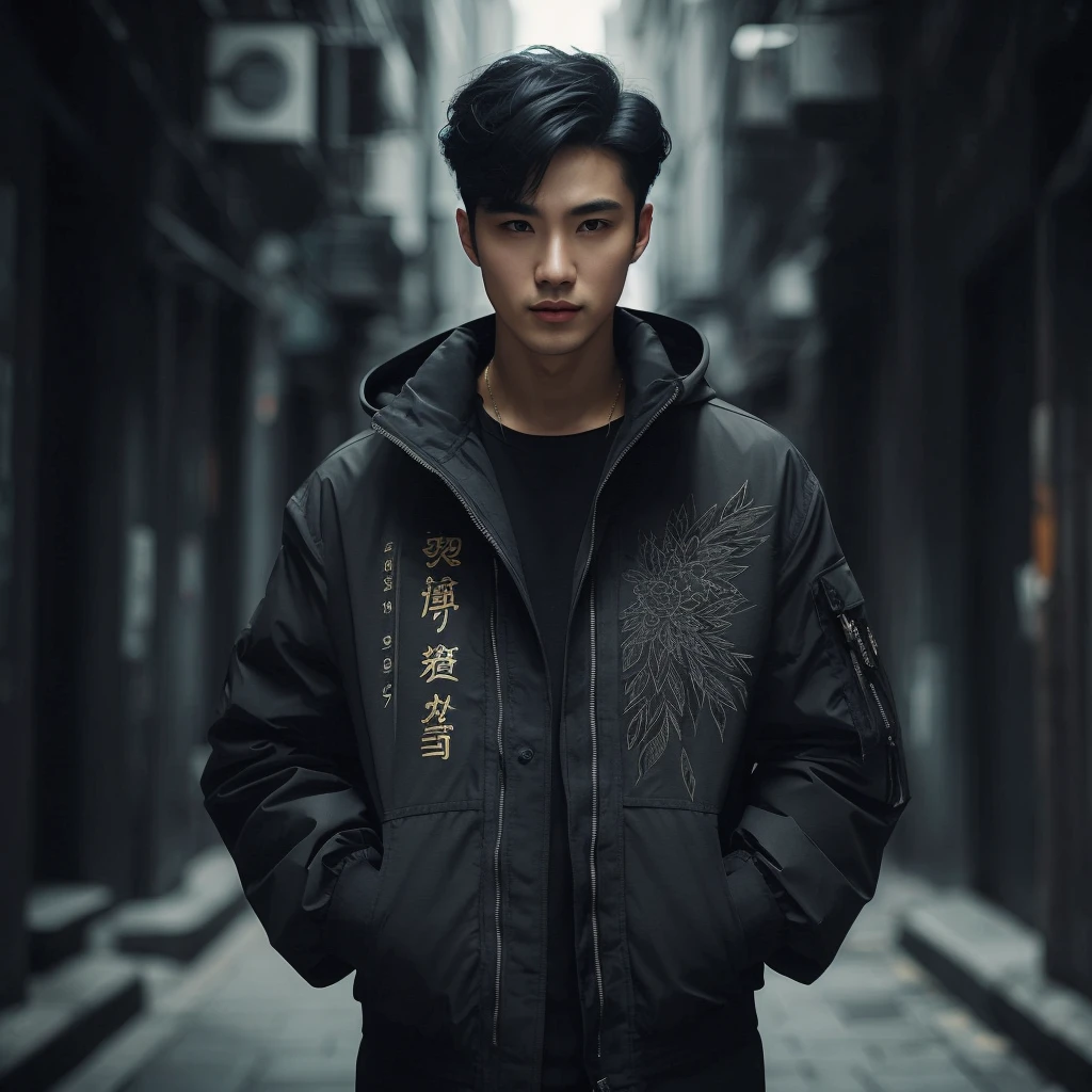 Professional photography of a full body elegant Asian man with body charm, mysterious aura, trendy black short taper hair, wearing a parka jacket with intricate sablon text (('Mau nya gitu?)) ' in a cosplay style, ultra-realistic rendering, masterpiece quality, dark alley background, cinematic, adjust contrast & saturation, vibrant color, with an enigmatic and intriguing expression, high definitions