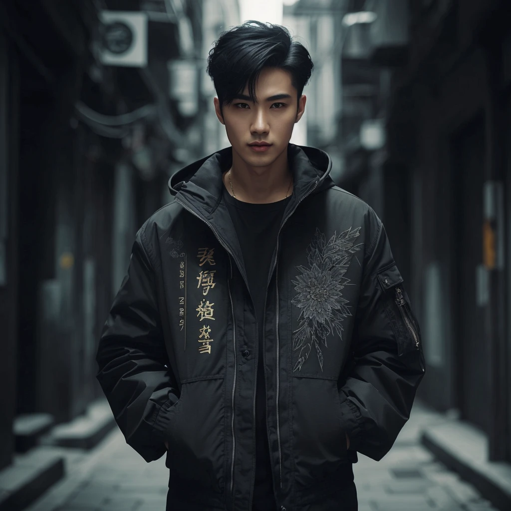 Professional photography of a full body elegant Asian man with body charm, mysterious aura, trendy black short taper hair, wearing a parka jacket with intricate sablon text (('Mau nya gitu?)) ' in a cosplay style, ultra-realistic rendering, masterpiece quality, dark alley background, cinematic, adjust contrast & saturation, vibrant color, with an enigmatic and intriguing expression, high definitions